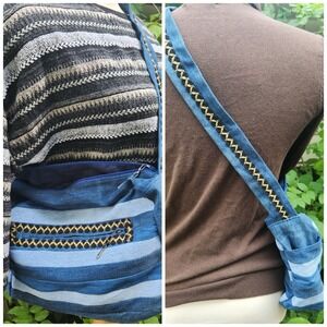 Denim y2kinspired Patchwork Striped Hobo CrossbodyBag Purse ZipClosure Handmade‎